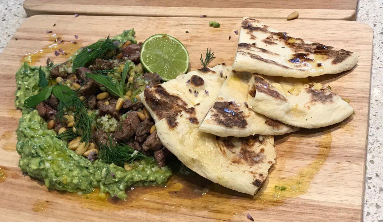 ESSE baked Hogget Lamb with flatbread, avocado butter chill and lemon dressing