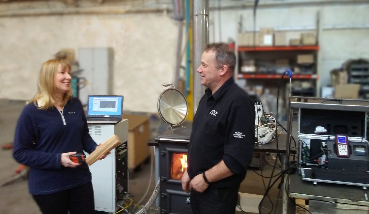 Amanda Lea Langton from the University of Manchester and ESSE technical director Craig Nutter conduct emissions testing on the ESSE Bakeheart cook stove.