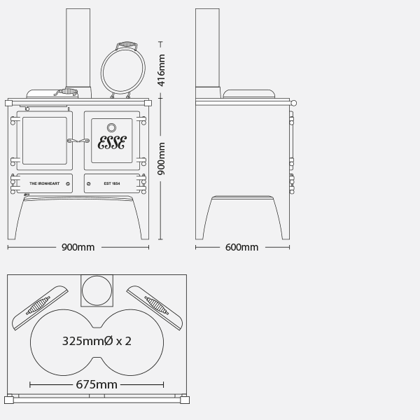 esse ironheart cook stove line drawing dimensions