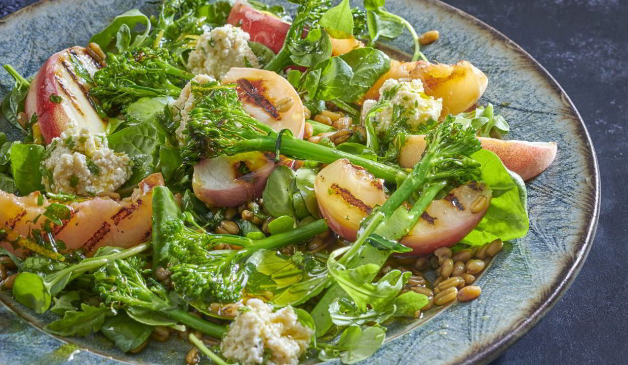 ESSE made Tenderstem Peach and Goats Cheese Salad