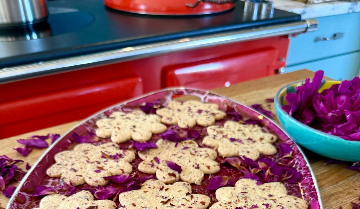 ESSE baked Rose and cardamom shortbread biscuits red cooker